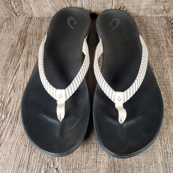 OluKai Ho’Opio Women's Size 11 Bone Stripe Gray Black Flip Flops Sandals - Picture 10 of 12